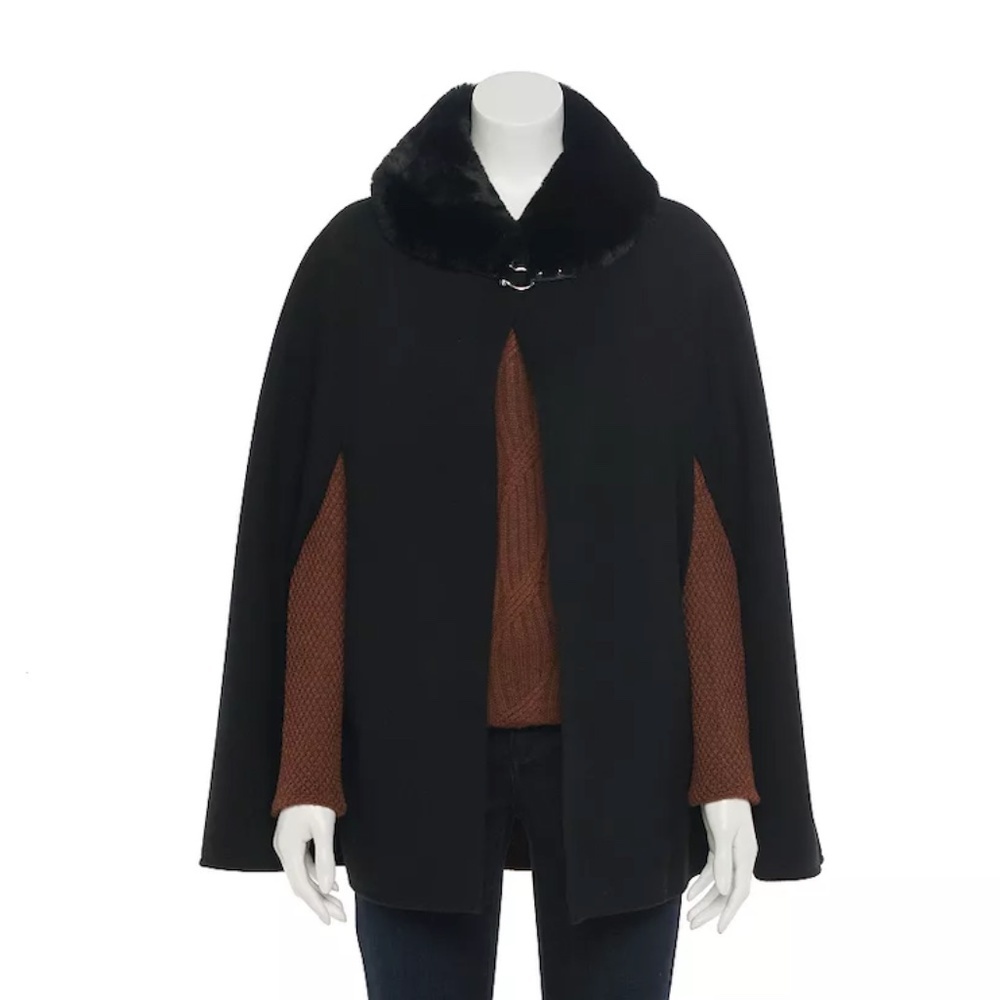 Apt. 9 Women's Faux Fur Collar Cape Coat in Black - One Size